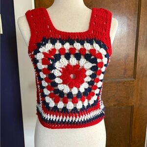 Vintage 70s Red, White, and Blue Crochet Granny Squares Patriotic Tank Top Vest